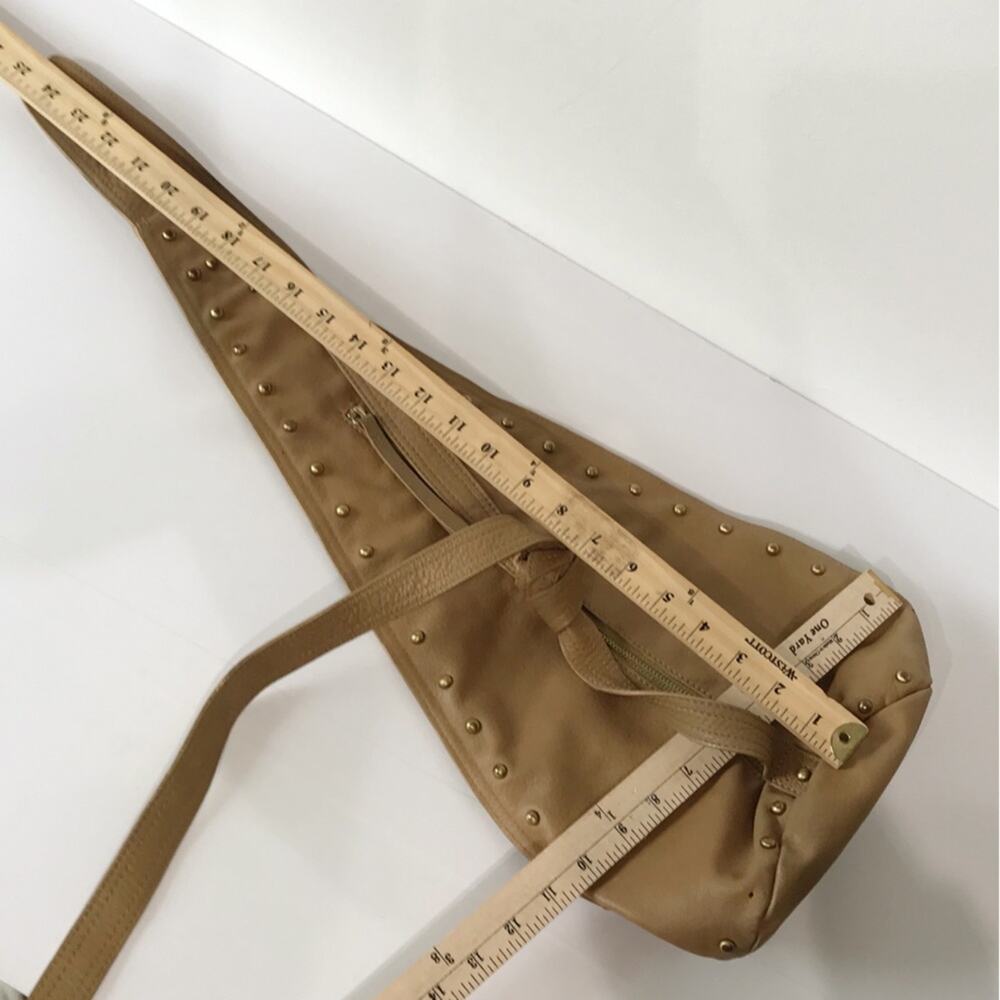 Patti Hansen for HUNG ON U Tan Leather Bronze Studded Cross Body Sling Bag Cross - Picture 12 of 16